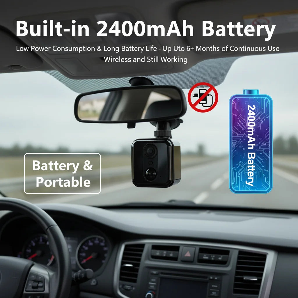 Câmera de segurança com bateria interna de 2400mAh, vídeo HD com visão noturna, câmera WiFi, controle por aplicativo móvel, alertas de detecção de movimento