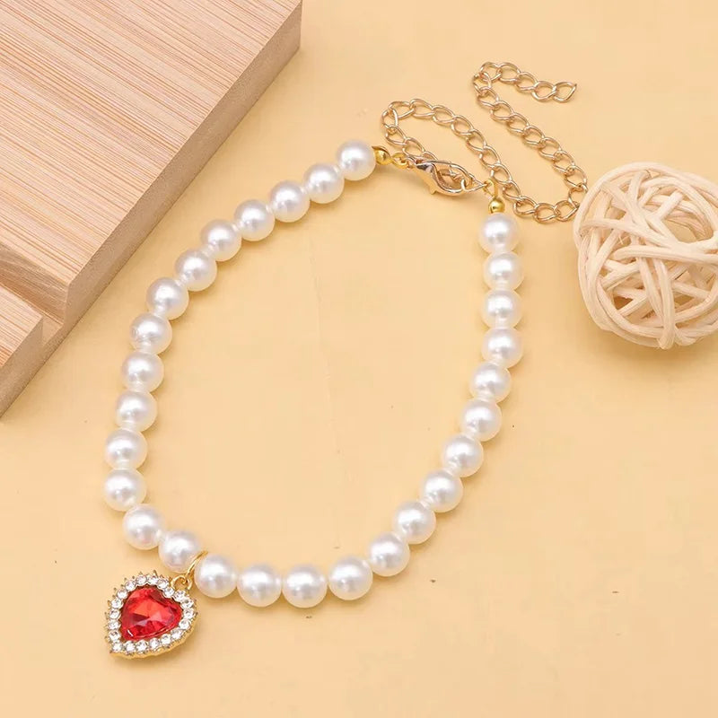 Pet Rhinestone Collar Adjustable Cat Princess Pendant Pearl Necklace Dog Sweet Decorations Puppy Gem Jewelry Accesorios