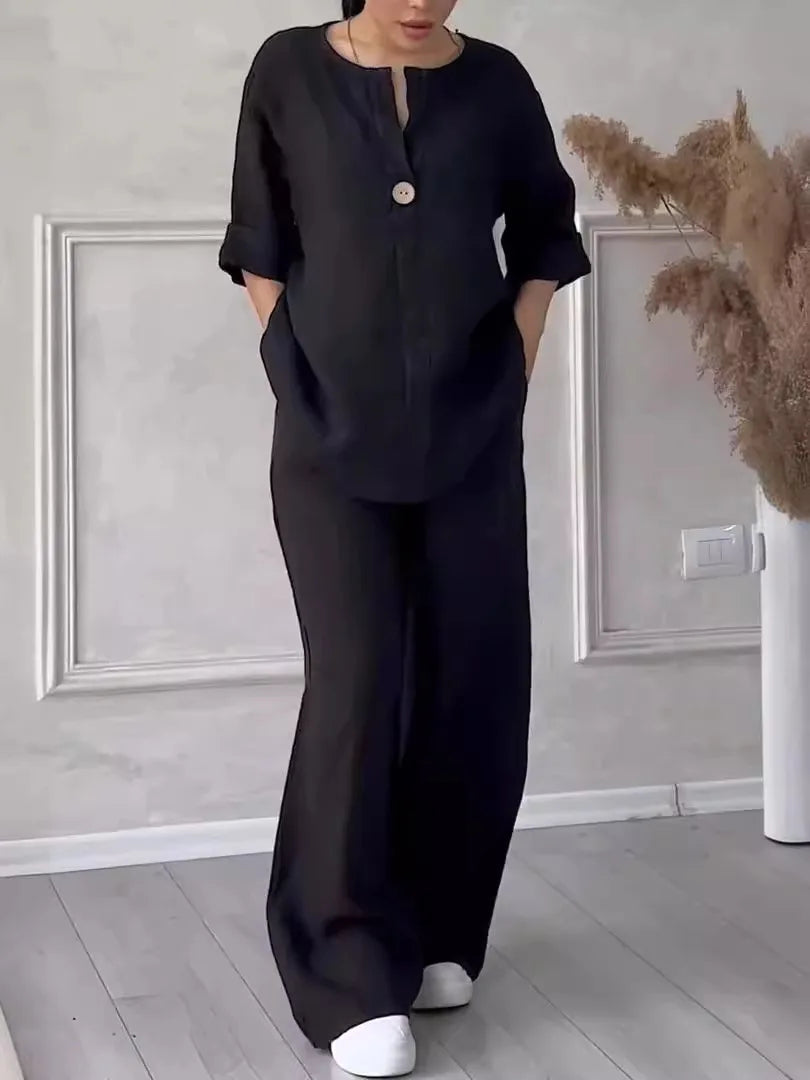 Conjunto de Linho e Algodão 2 Peças Blusa de Manga Comprida Solta com Botão e Calça Pantalona Larga de Cintura Alta Elástica NMD-3021
