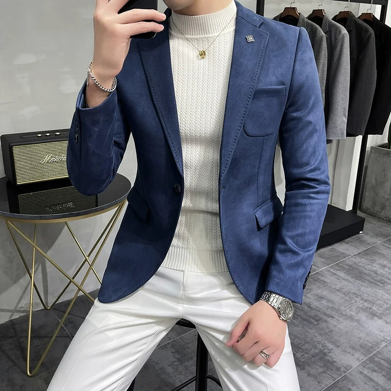 Jaqueta Masculina De Couro de Cervo com Forro de Lã Terno Blazer Masculino Negócios Casual Slim Fit Marca Moda Alta Qualidade Terno de Um Botão
