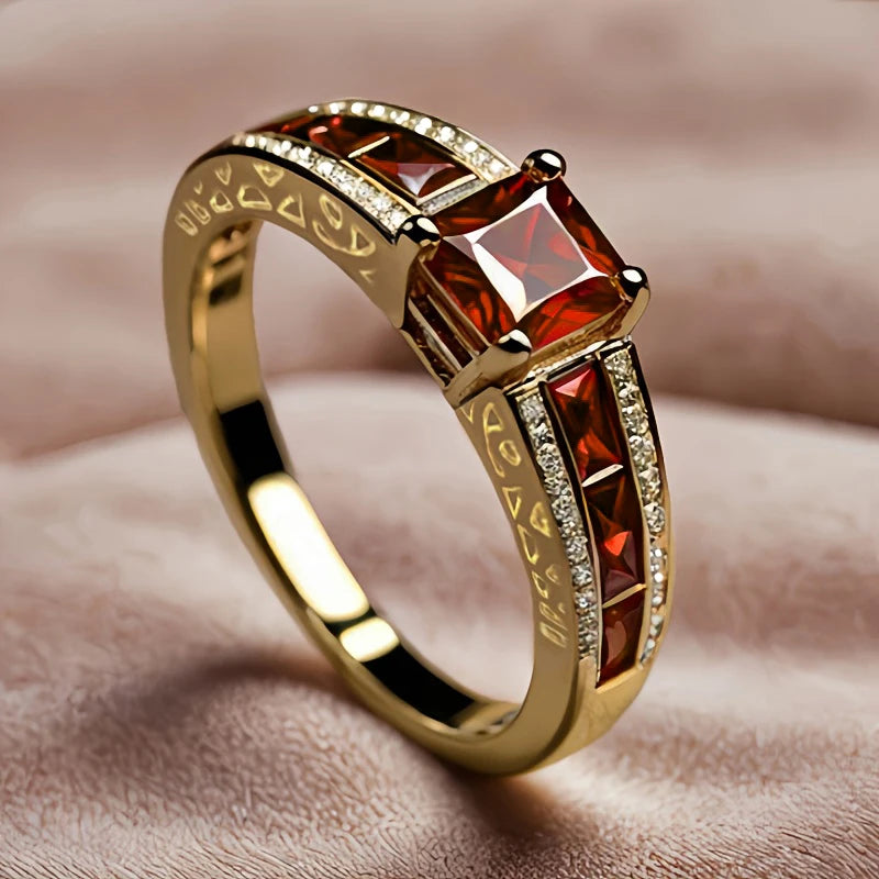 Huitan Princess Garnet Cubic Zirconia Rings for Women Luxury Gold Color Wedding Band Accessories Elegant Lady’s Party Jewelry