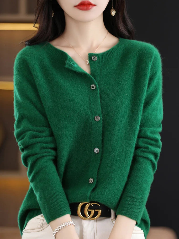 Suéter de cashmere feminino 100 lã merino cardigã de malha Outono Inverno O Pescoço Cor Sólida Casual Fashion Top 1 - Azul Changchunhua L