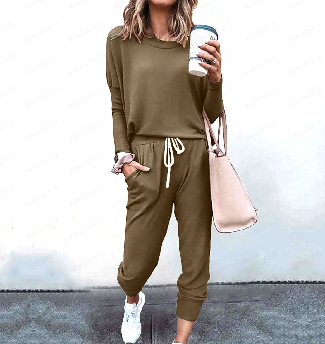 Conjunto Feminino Casual de Duas Peças com Blusa de Manga Comprida e Calça com Cordão para Ficar em Casa