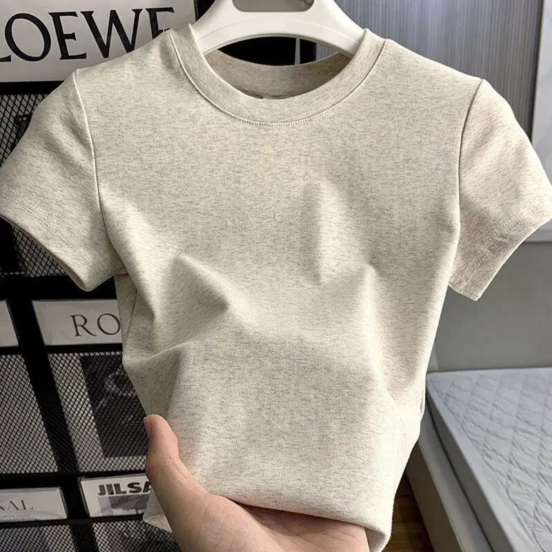 Camiseta Feminina Lisa Manga Curta Primavera Verão Casual Macia Ajustada Básica Top Tees All Match Camisetas Da Moda Para Mulheres - BRANCO P