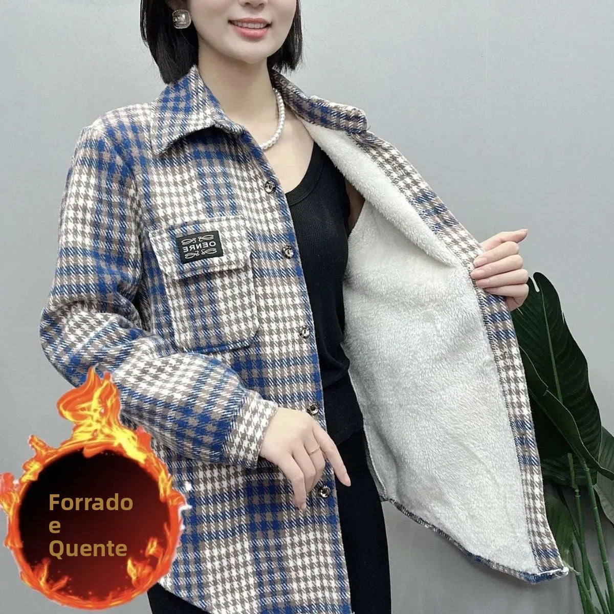 Camisa Xadrez Feminina de Lã Grossa Casual Solta Outono Inverno Quente Manga Regular Comprida Gola Marca Chinesa