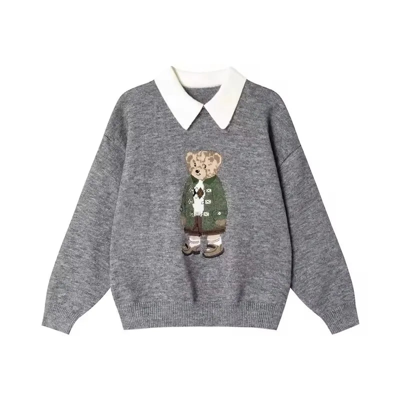 Suéter Feminino de Tricô com Urso Bordado Estilo Francês de Luxo para Mulheres Blusas Casuais de Malha Suéter Pull Femme