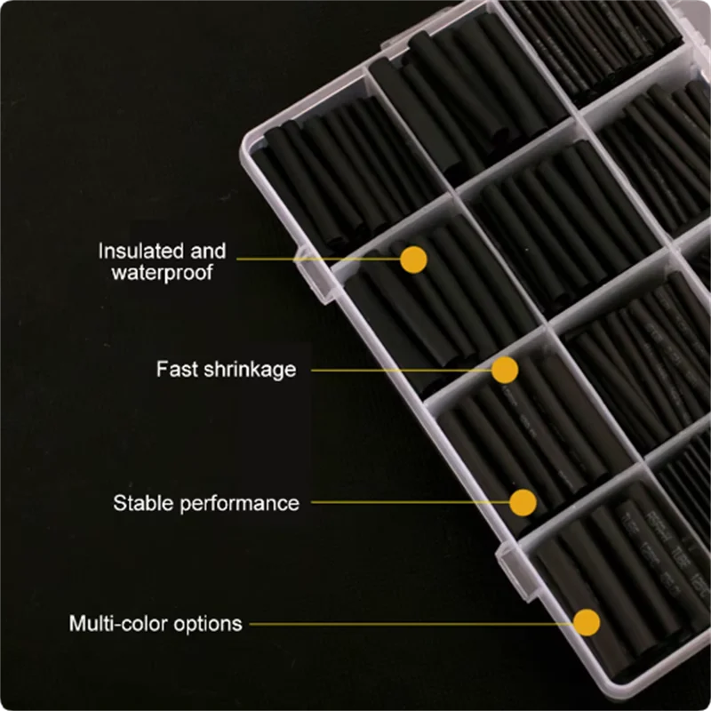 625pçs Kit de Tubos Termo Retráteis Pretos (2:1)
