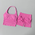 Conjunto de ginástica de 2 peças de ioga para mulheres, tops tipo halter sem costas, shorts sem costura de cintura alta, conjunto de ginástica, sutiãs esportivos de fitness, roupa esportiva, conjuntos de treino