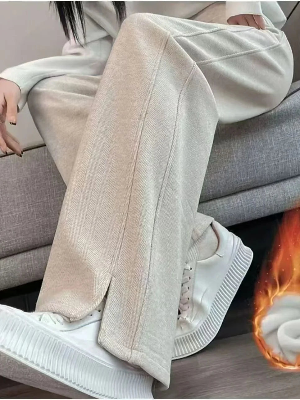Calça Feminina Cintura Alta Perna Larga Casual Reta Forrada com Lã Grossa Calças Outono Inverno Novo Estilo da Moda