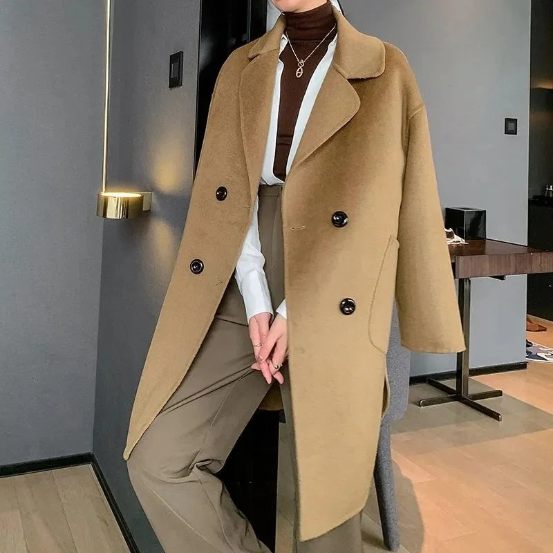 Inverno Coreano Feito à Mão Duplo Abotoamento Longo Casaco Feminino 100% Lã Casual Solto Cinto de Amarrar Sobretudo de Lã Oversized