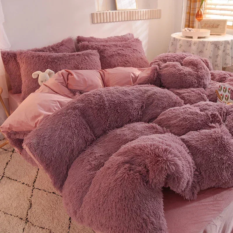 Luxury Autumn Winter Warm Pink Bedding Set Plush Kawaii Mink Velvet Queen Duvet Cover Set with Sheets Single Double Bedding Sets