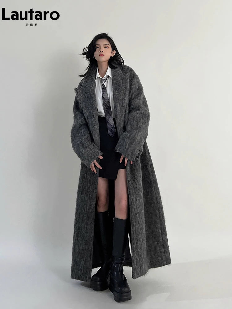 Lautaro Outono Inverno Roupas Femininas Casuais Oversized Extra Longo Cinza Quente Lã e Misturas Casaco Feminino Maxi Felpudo de Lã