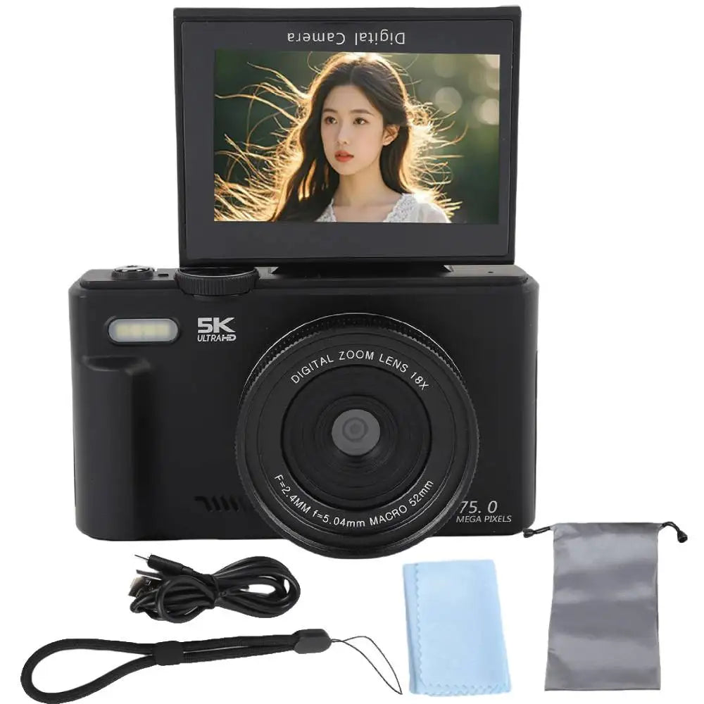 75MP Digital Camera 5K 18X Zoom 180° Flip Screen WiFi Vlog