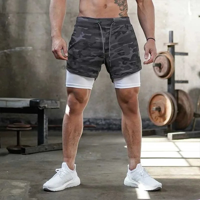 Camo Running Shorts Men Gym Sports Shorts 2 In 1 Quick Dry Workout...