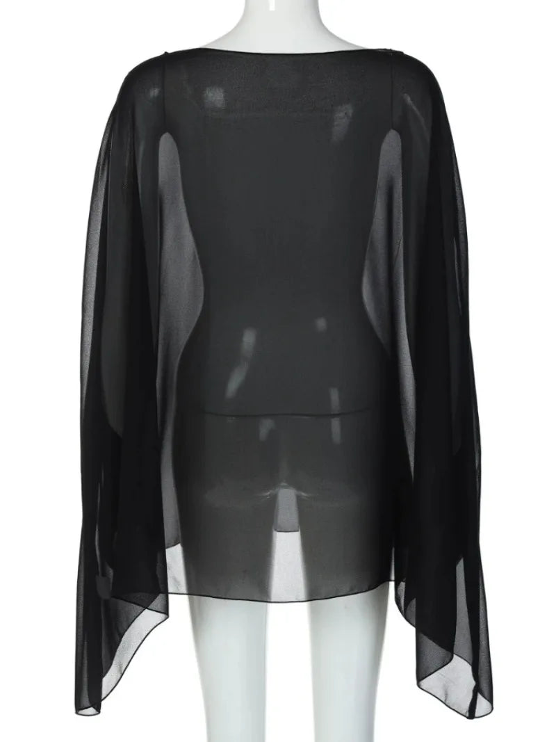 Roupa Feminina Blusas Transparentes de Chiffon Sexy Moda Sólida Camisas Elegantes para Mulheres Balada Noite Tops Branco Preto Streetwear