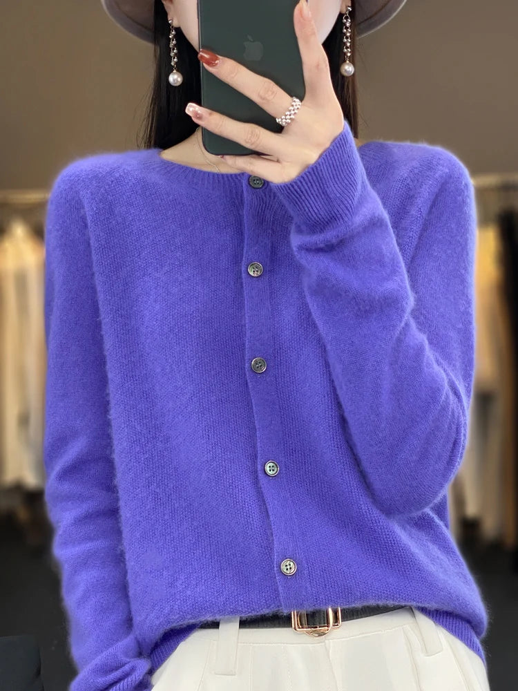 Long Sleeve 100 Merino Wool Sweaters Spring Autumn Women O Neck Knitwear Tops Clothing Fashion Basic Tops - SKY BLUE M