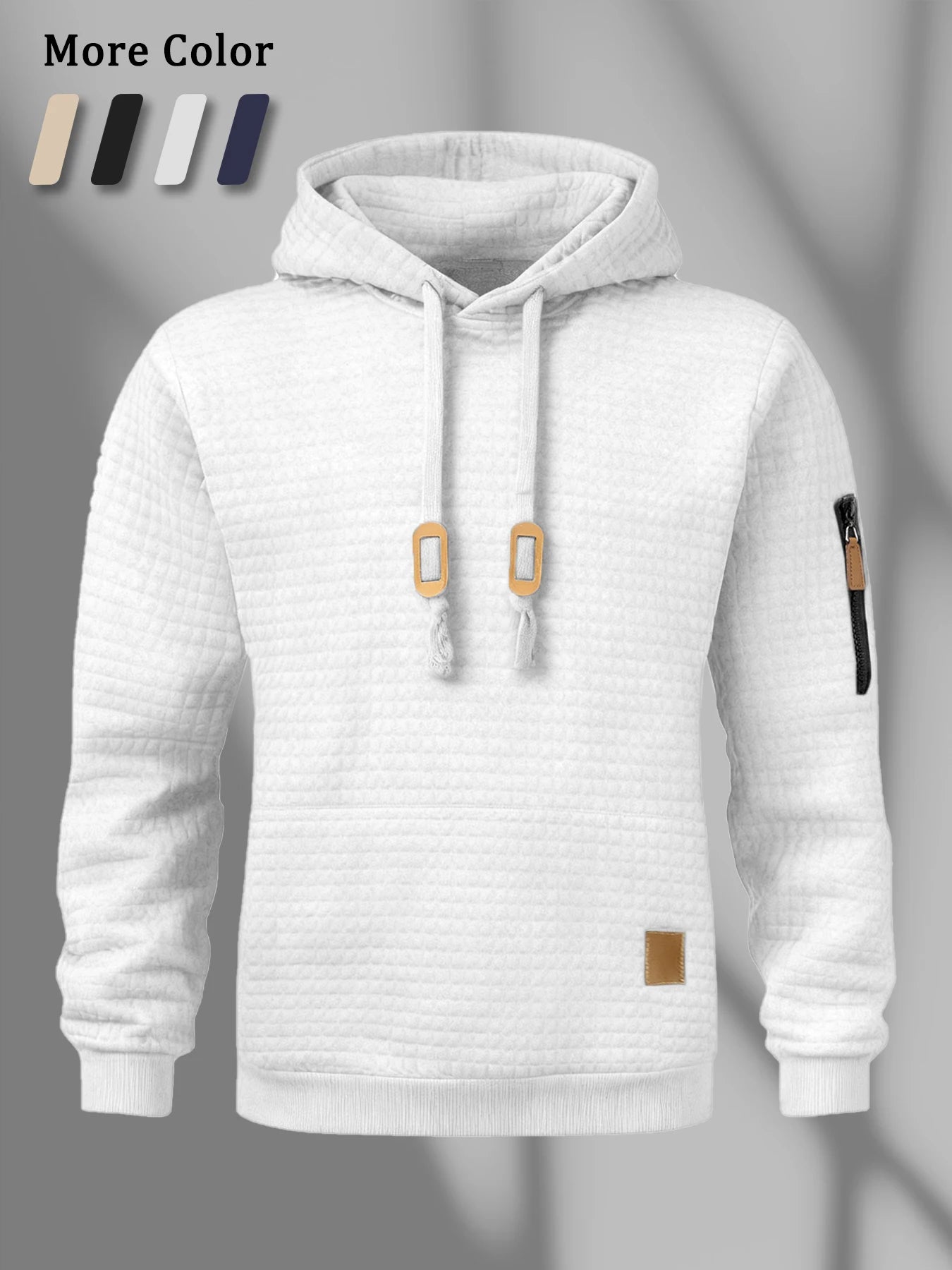 Moletom Masculino de Outono com Capuz Padrão Waffle Manga Longa Cor Sólida Casual Quente Pulôver Esportivo Masculino para Ar Livre