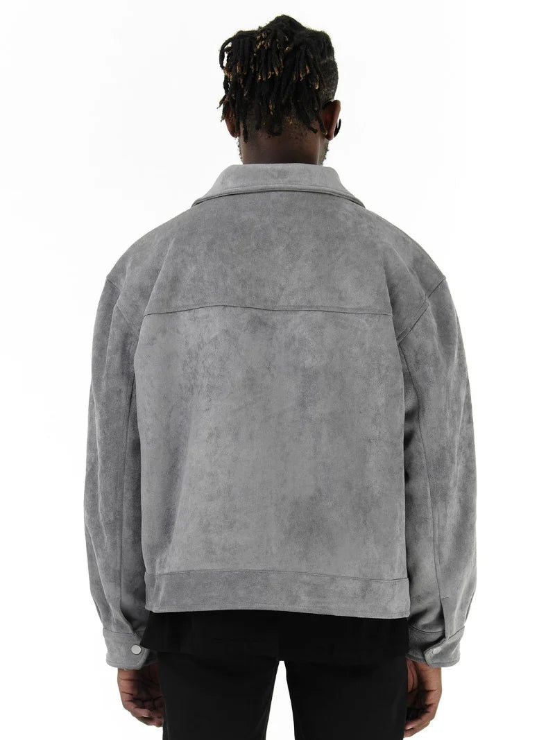 Jaquetas de Outono Roupa Casual Oversized Bolsos de Rua Gola Lapela Zíper Camurça Casaco Grosso Quebra-Vento Masculino Solto
