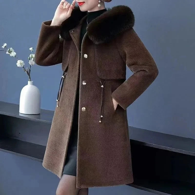 Casaco Feminino de Lã de Alto Nível Jaqueta Longa de Inverno Feminina Imitação de Vison Grossa Casacos de Lã Quentes Sobretudo de Lã para Mãe
