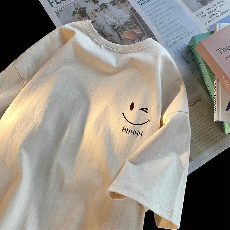 Men Womens Smiling Face Funny Fashion Couple Short Sleeved T Shirt American Basic Simple Oversized Loose Boys Pullover Top - Apricot L