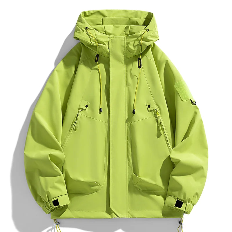 Jaqueta Corta-Vento Masculina com Capuz Zíper Casaco Cargo Impermeável Preta Bomber Acampamento Solta Fina Softshell Jaqueta com Capuz para Caminhada
