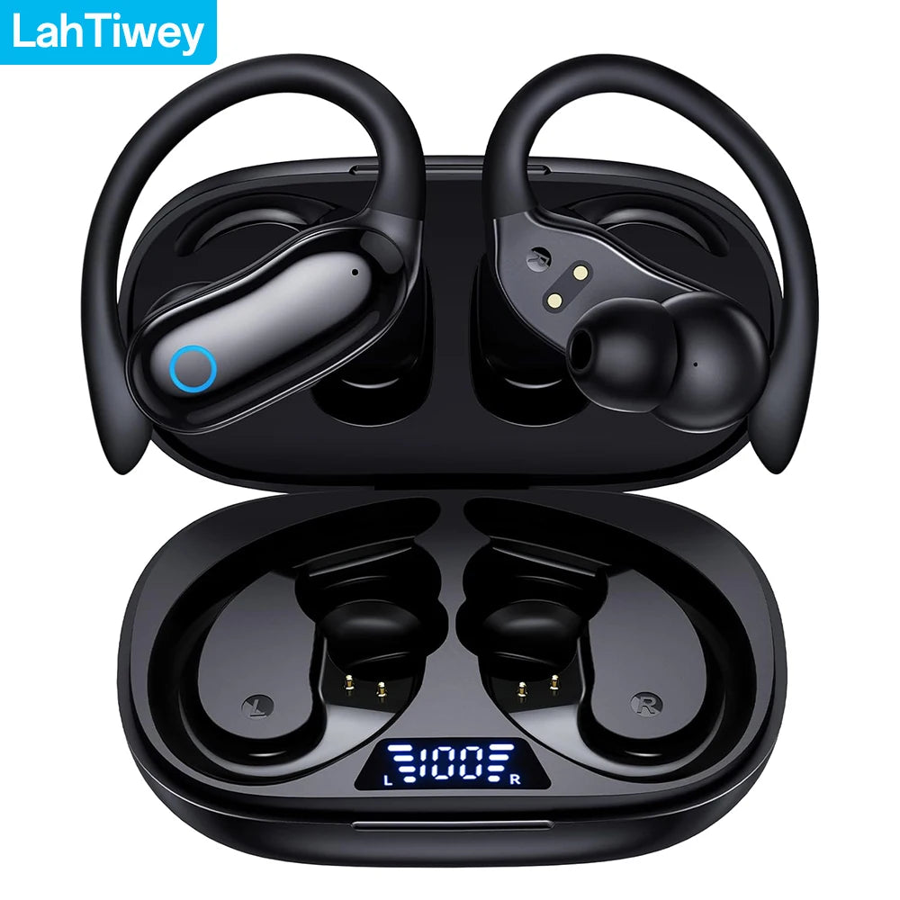 Fones de ouvido sem fio, 96 horas de reprodução, Bluetooth, fones à prova d'água IPX7, graves estéreo, over-ear, com ganchos auriculares e microfone