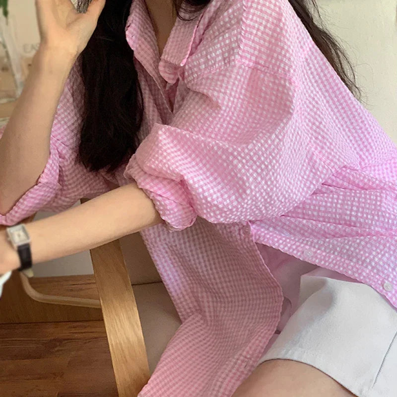 Camisa Feminina Coreana Protetor Solar Manga Longa Verão Feminina Solta Casual Xadrez Gola Virada Abotoamento Simples