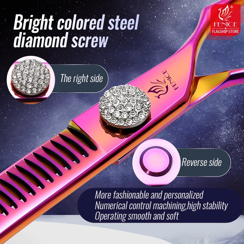 Fenice Grooming Scissors Diamond Screw 7.25 Inch Professional Curved Chunker Scissors Thinner Shears for Pet Beautician Tesoura