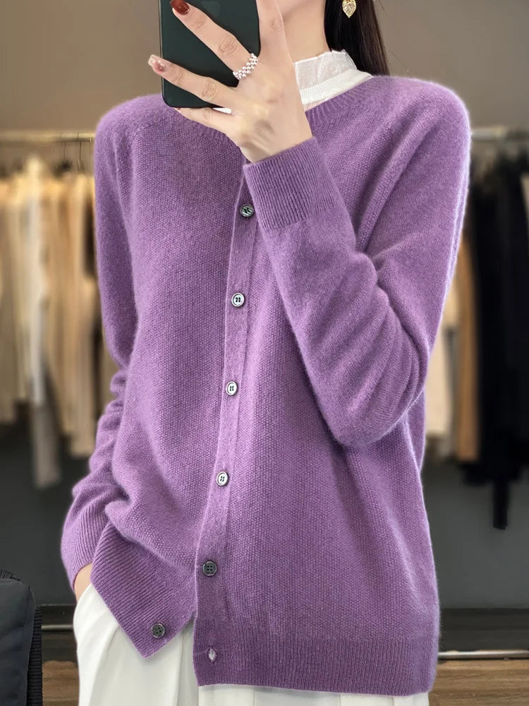 Cardigã Feminino de Lã Merino 100% Cashmere, Suéter para Outono Inverno, Gola Redonda, Manga Longa, Malha Feminina, Roupas Básicas, Blusas - Shumei XXL