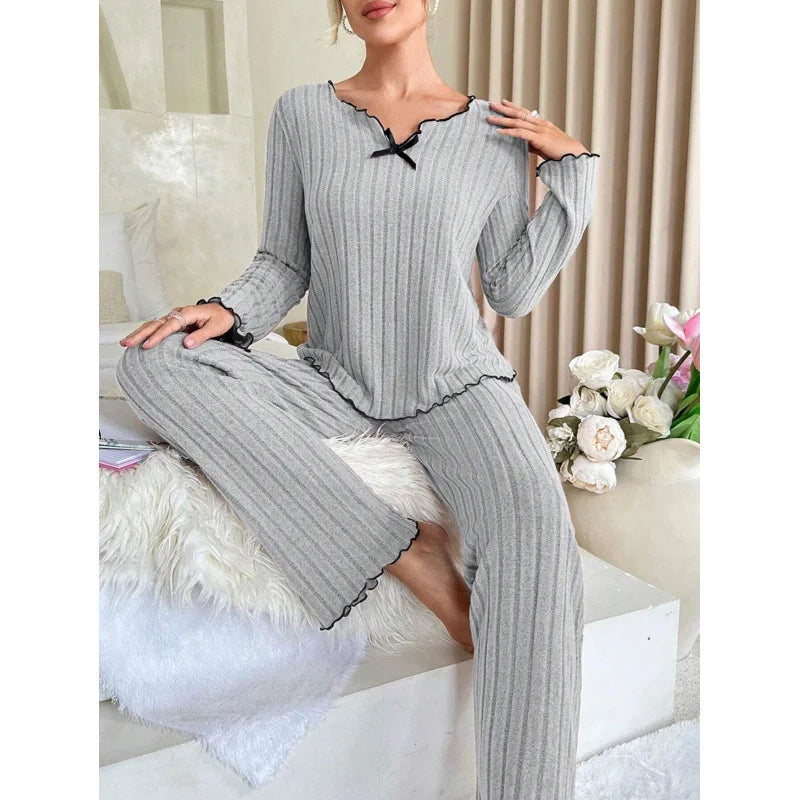 2026 New Women Ribbed Loungewear Set Black Edge Trim Casual Home Wear Soft Comfortable Two Piece Outfit European American Style