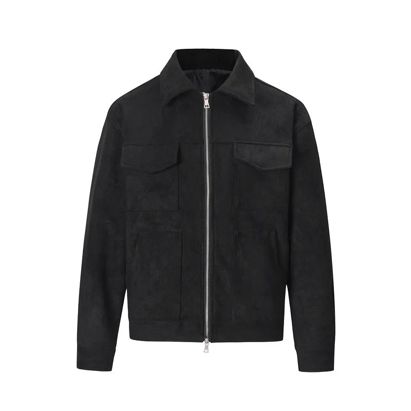 Jaquetas de Outono Roupa Casual Oversized Bolsos de Rua Gola Lapela Zíper Camurça Casaco Grosso Quebra-Vento Masculino Solto