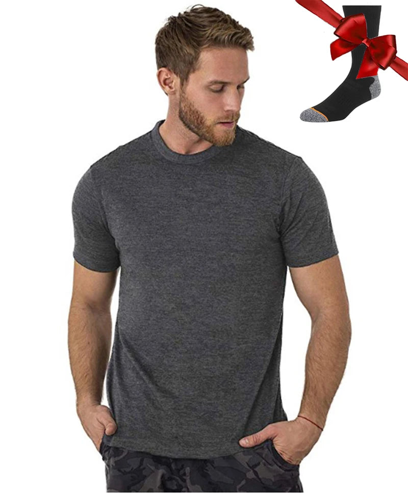 Camiseta Masculina 100% Lã Merino Super Fina Camada Base de Lã Merino que Absorve a Umidade Respirável de Secagem Rápida Antiodor + Meias de Lã Merino