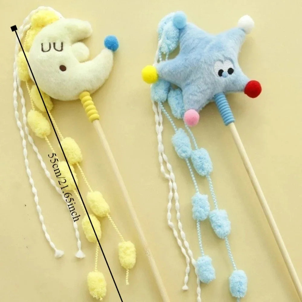 Engraçado Desenho Animado Estrelas Gato Varinha Moons Sonoro Gato Provocando Polo com Borlas Cabo Longo Pet Teaser Aliviando o Tédio