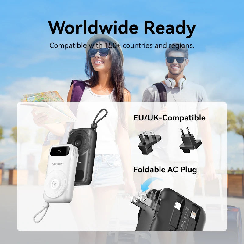 Power Bank Magnético 10000mAh Carregamento Rápido Cabos Embutidos Plugue AC