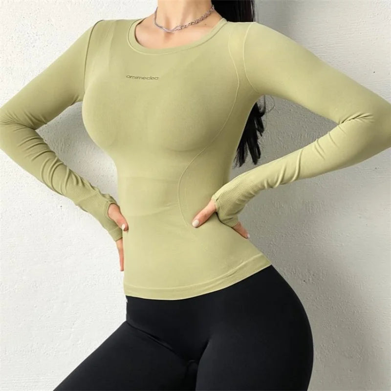 Blusa Feminina de Manga Longa para Academia, Camisa de Treino com Estampa de Letra, Roupa de Compressão de Secagem Rápida para Corrida e Yoga