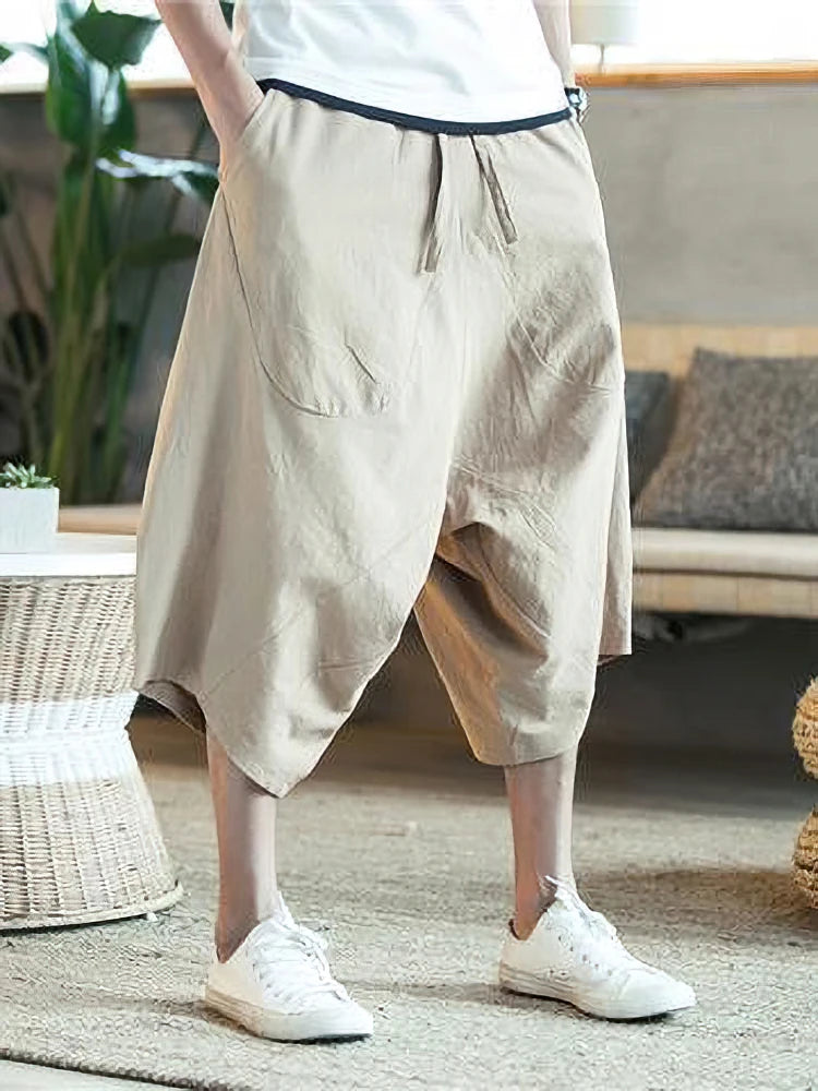 Shorts Casuais Masculinos de Verão Finos de Praia em Algodão Linho Japoneses de Perna Larga Folgados Capris Calças Masculinas Esportivas de Corrida 2025 Novo