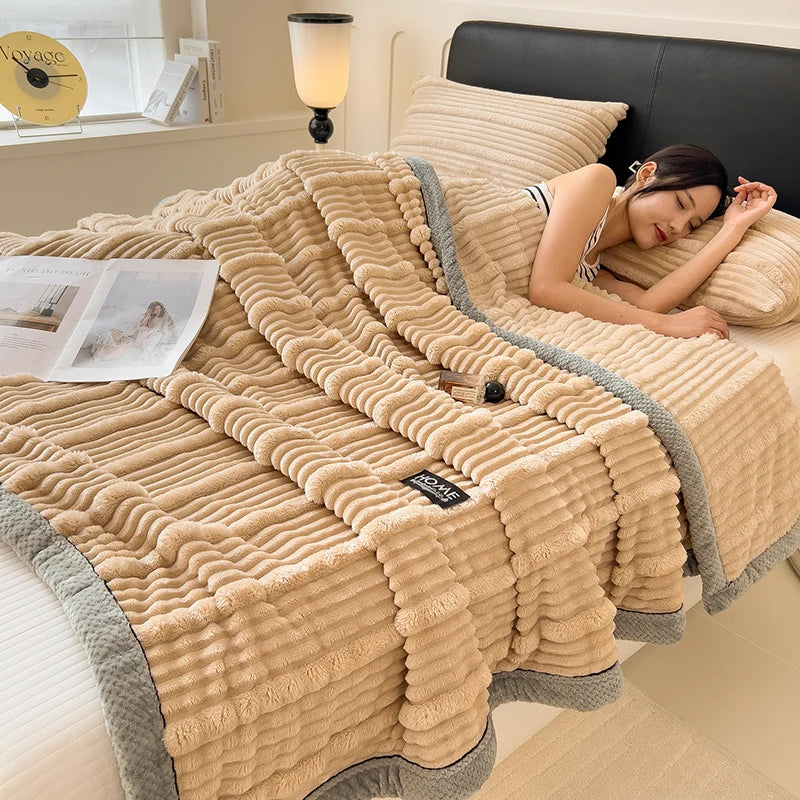 Imitation Rabbit Plush Striped Spring Autumn Warm Blankets Soft Fluffy Warmth Sofa Blankets for Throw Napping Shawl Blanket Leg