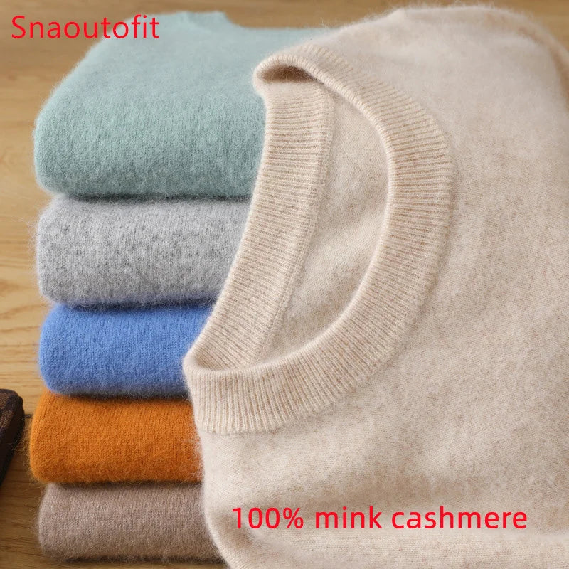 Suéter Masculino 100% Cashmere de Visom Puro, Gola Redonda, Pulôveres de Malha, Suéter Outono e Inverno Novo, Mangas Compridas, Suéteres de Alta Qualidade, Blusas de Visom