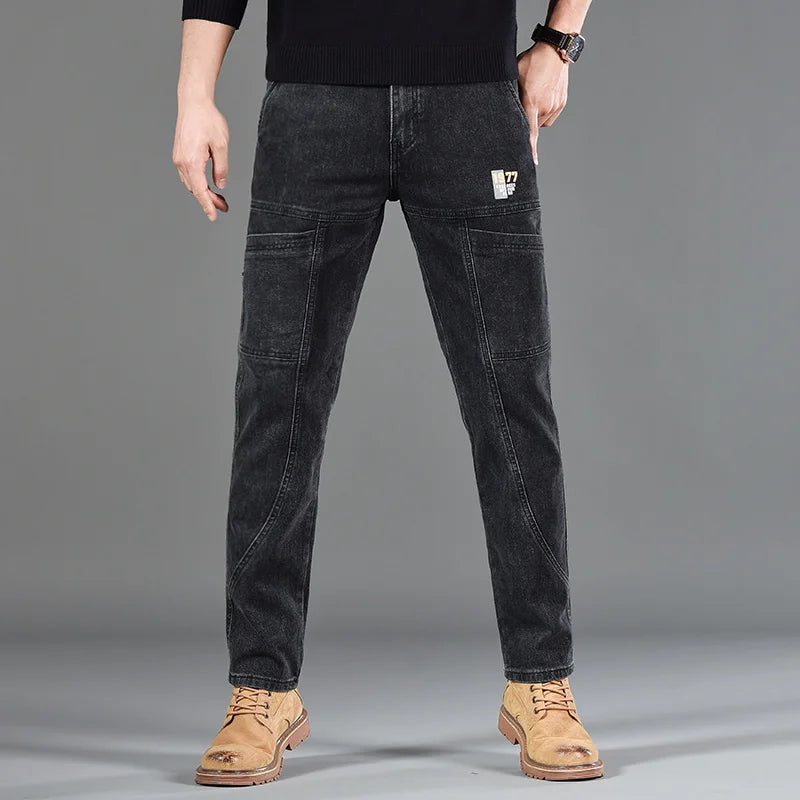 Calça Jeans Masculina Pequena Reta Estampada Seis Bolsos Casual Confortável