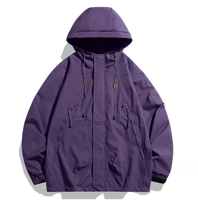 Jaqueta Corta-Vento Masculina com Capuz Zíper Casaco Cargo Impermeável Preta Bomber Acampamento Solta Fina Softshell Jaqueta com Capuz para Caminhada