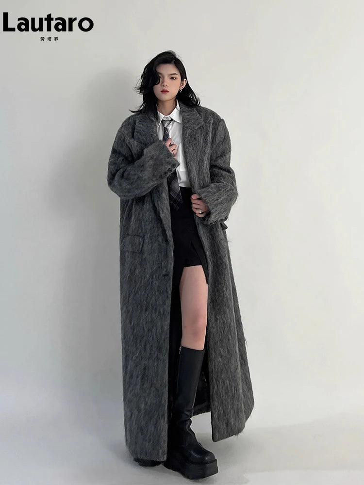 Lautaro Outono Inverno Roupas Femininas Casuais Oversized Extra Longo Cinza Quente Lã e Misturas Casaco Feminino Maxi Felpudo de Lã