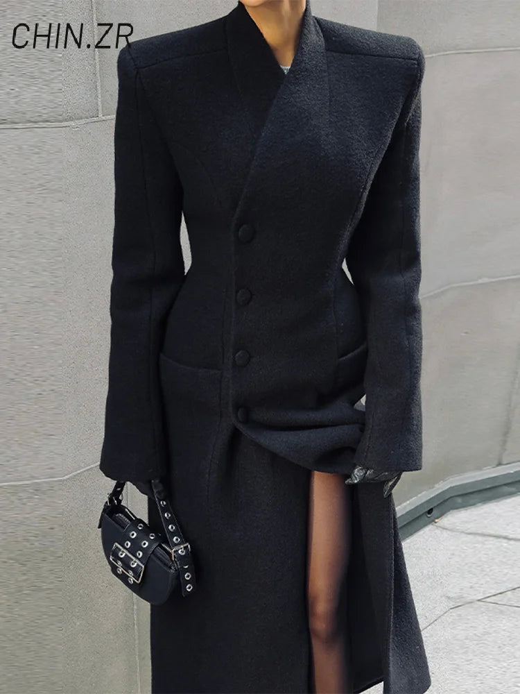 Street Cinched Waist Long Woolen Coat For Women Shoulder Pads Stand Collar Pocket Overcoats 2026 Spring Lady Commute Outwear New - Only scarf L