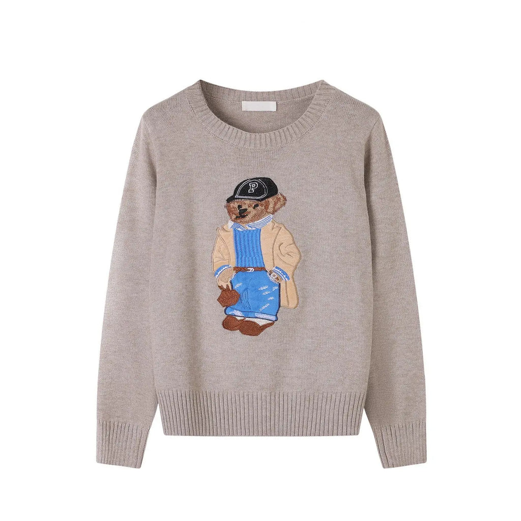 Camisola Suéter Tricotada Urso Bordado Luxo Francês de Rua Para Mulheres Moda Casual Tricô Blusas Pull Femme