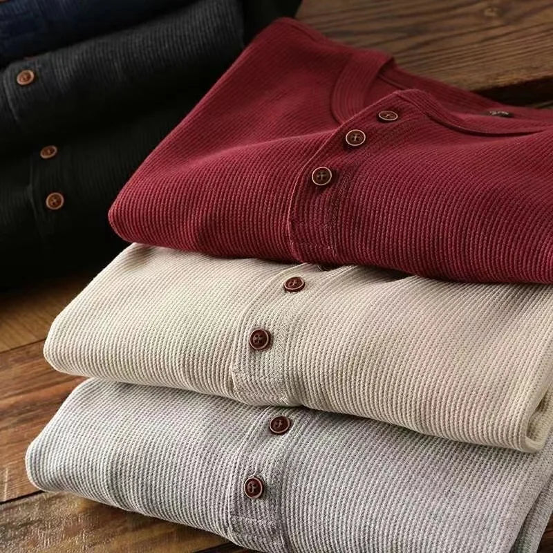 Camiseta Masculina Slim Fit Básica Casual Camisas Henley Waffle Manga Longa Camisas Térmicas Sólidas Meio Botão Respiráveis de Algodão