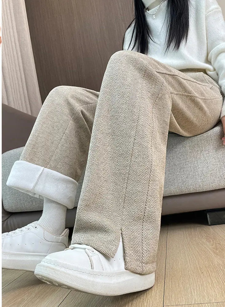 Thickened Woolen Straight Leg Pants Womens High Waist Wide Leg Trousers Autumn Winter Casual Pants Pocket Design Cotton Blend 1 - 4xl recommended 72.5-80kg Oatmeal color [spring and autumn]