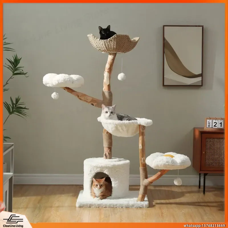 Torre de Árvore para Gatos em Madeira Maciça com Apartamento Espaçoso, Poleiros Florais, Pompons, Postes de Arranhar e Cama Aconchegante para Gatos e Gatinhos Internos