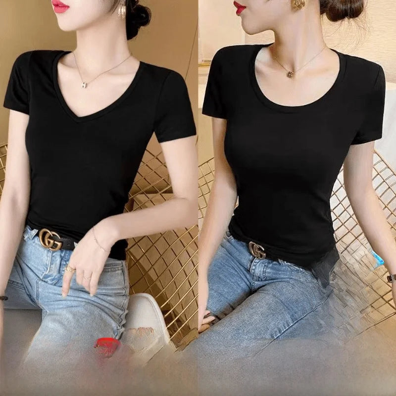 Summer Womens Slim Fit Short Sleeve T Shirt Half Sleeve Base Shirt Versatile Base Layer Top Quality Polyester Fiber Commute - M V white + v white [2-pack]