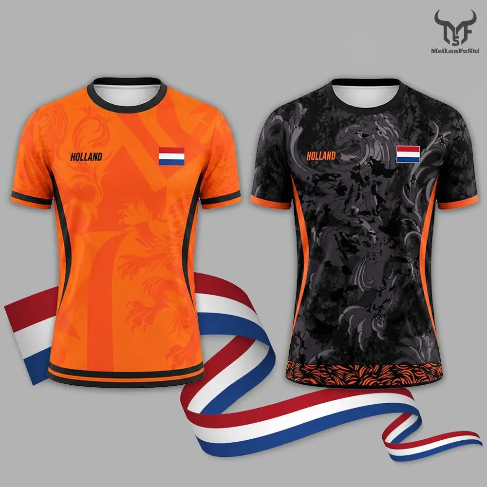 Camisa de Futebol com Estampa da Bandeira da Holanda para Uso ao Ar Livre Casual Respirável Manga Curta Tops Verão Masculina de Academia Esportiva de Treino Camiseta de Futebol
