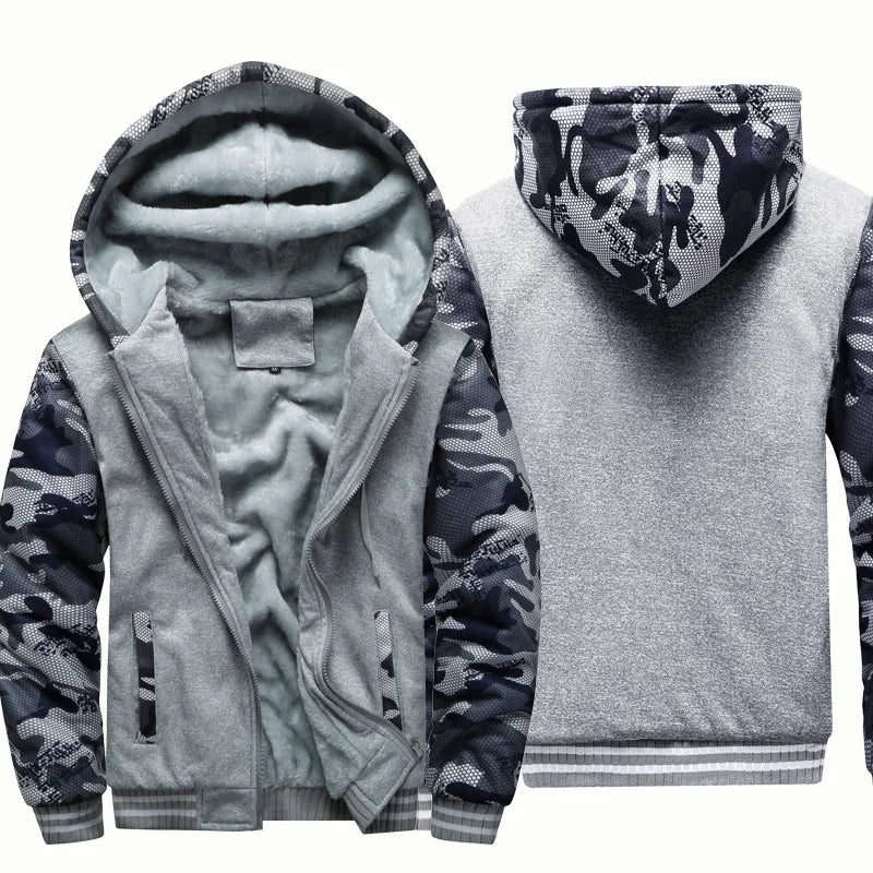 Jaqueta Masculina Inverno Camuflada Fleece Grossa Capuz Masculino Manga Comprida Casaco Casual Zíper Moletom Streetwear Casacos Masculinos