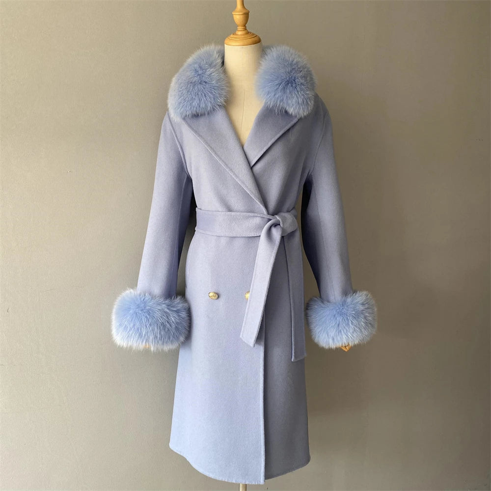 Jxwatcher Cashmere Lã Casaco Primavera Real Fox Colarinho Casaco de Lã de Trincheira Mulheres Inverno Casaco Quente Venda Longo Estilo Casacos de Lã